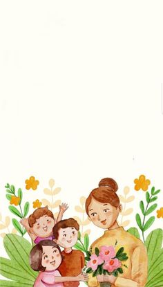 a watercolor painting of a family with flowers