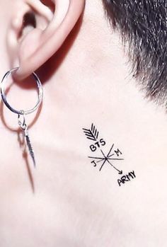 a close up of a person's ear with an arrow and compass tattoo on it