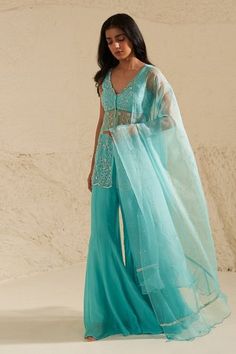 Shop for Zoon Blue Top Embroidered Kurta Sharara Set for Women Online at Aza Fashions Tube Top Blouse Lehenga, Organza Sharara, V Neck Kurta, Fabric Detailing, Sheer Dupatta, Desi Vibes, Kurta Sharara Set, Organza Embroidery, Kurta Sharara