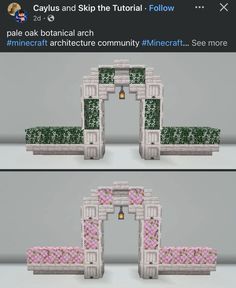 two screenshots of an arch with pink and green flowers on it, one showing the