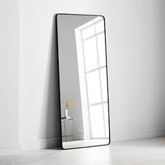 a large mirror sitting on top of a floor next to a white wall with a plant in it