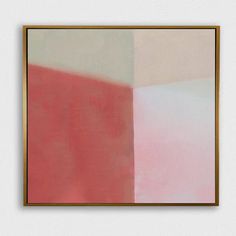 an abstract painting with red, white and pink colors in a gold frame on the wall