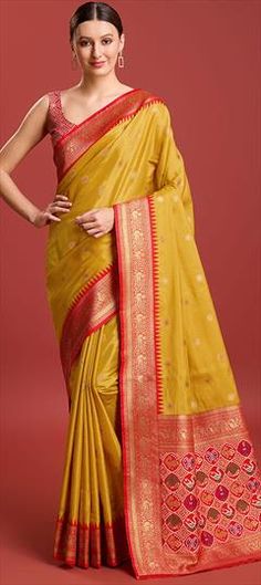 Yellow color Saree in Kanchipuram Silk fabric with Weaving work Ceremonial Yellow Saree With Zari Work, Ceremonial Yellow Dupatta With Zari Weaving, Ceremonial Yellow Handloom Saree, Yellow Ceremonial Saree For Diwali, Ceremonial Yellow Dupatta With Zari Work, Yellow Chanderi Traditional Wear For Ceremonial Events, Gold Traditional Wear With Resham Embroidery In Paithani Silk, Yellow Ceremonial Traditional Wear With Dupatta, Yellow Ceremonial Dupatta For Festive Occasions