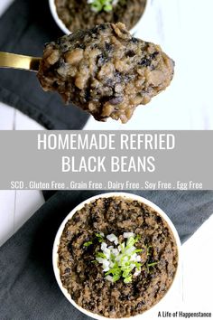 homemade refried black beans in a bowl with spoon