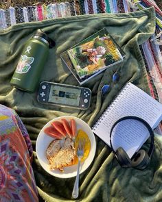 a plate of food and a book on a blanket