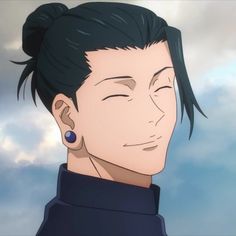 a man with black hair and blue eyes stares into the distance while standing in front of a cloudy sky