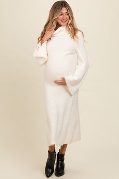 Ivory Turtleneck Bell Sleeve Maternity Sweater Dress Ivory Turtleneck, Maternity Sweater Dress, Athleisure Dress, Matching Sets Outfit, Baby Shower Dresses, Shower Dresses, Nursing Dress, Maternity Sweater, Midi Maxi Dress