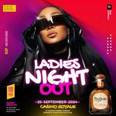 a flyer for ladies night out featuring a woman in black leather jacket and sunglasses