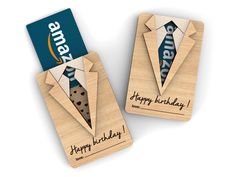 two wooden business cards with the words happy birthday and a tie on them are shown