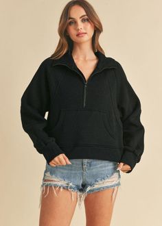 Dove Funnel Neck Half Zip- Black-Hand In Pocket Baseball Hat Hairstyles, Short Jean Skirt, Half Zip Top, Half Zip Sweater, Half Zip Hoodie, Half Zip Sweatshirt, Gentle Touch, Half Zip Sweaters, Funnel Neck