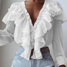 Women Ruffle Blouse, Ruffle Long Sleeve Blouse, White Ruffle Blouse, Chiffon Blouses, Women Shirt Top, Tunic Tops Casual, Loose Pullover