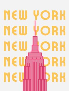 the new york city skyline is shown in pink, yellow and orange with words above it