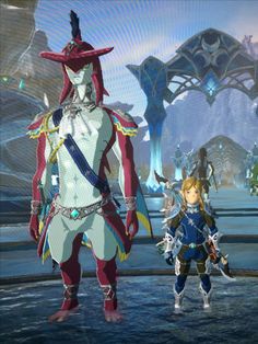 an animated video game character standing next to another character in front of a large screen