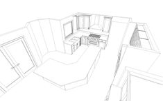 a line drawing of a kitchen with cabinets