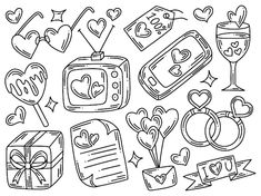 a black and white drawing of different items for valentine's day