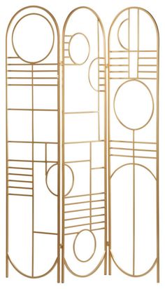 an art deco style room divider in gold metal with circles and circles on the sides