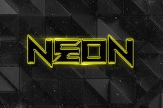 neon text that reads neon on it in front of black and yellow geometric background with stars