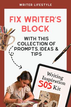 a book cover with an image of a woman writing in front of a sign that says fix writer's block