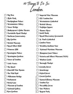 a printable travel checklist with the words so things to do in london