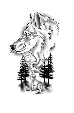 a drawing of a wolf with trees in the background