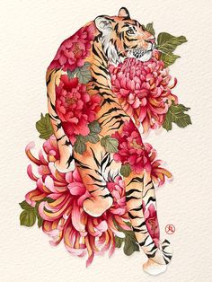 a painting of a tiger with flowers on it's back and its tail curled up