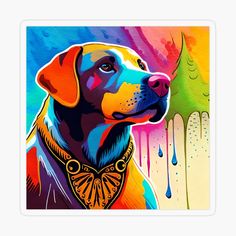 a painting of a dog wearing a bandana and standing in front of a colorful background