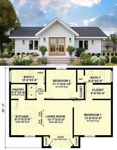 the floor plan for a small house with two bedroom and an attached bathroom, is shown