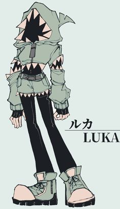 an anime character with black hair and green clothes, standing in front of the words luka