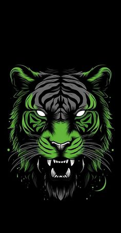 a green and black tiger's face on a black background