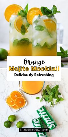 an orange mojito cocktail with mint and lime garnish on the side