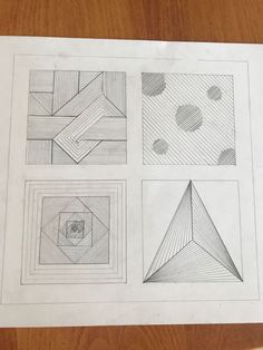 four different shapes are shown on top of a piece of paper, and one is drawn in