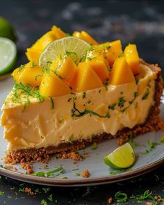 a piece of pie with fruit on top and limes around the edges, sitting on a plate