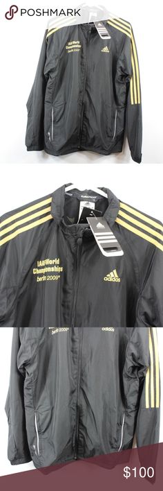 New Adidas IAAF Track World Champs Berlin Jacket M Adidas 2009 IAAF World Champs Berlin Track Running Jacket  Jacket  New  The size is Medium  Measurements are:  21.5 inches underarm to underarm 29 inches top to bottom  Black and Gold  Polyester  Check out my other items in my store!  L5 adidas Jackets & Coats Windbreakers Adidas Long Sleeve Sportswear, Adidas Winter Sport Event Outerwear, Adidas Outerwear For Winter Sports Events, Track Running, Adidas Jackets, Running Jacket, Black Adidas, Black And Gold, Adidas Men