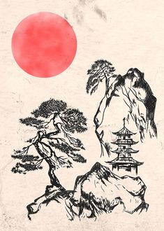 an ink drawing of trees and mountains with a red sun in the background