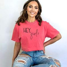 This heavyweight t-shirt features a simple design with the cute saying "Hey Girl," making it a trendy and oversized top that's a perfect gift for your best friend. It's a graphic tee that combines style and comfort, ideal for casual wear. ↙️ 𝐂𝐇𝐄𝐂𝐊 𝐎𝐔𝐓 𝐓𝐇𝐄 𝐅𝐈𝐓 𝐀𝐍𝐃 𝐌𝐎𝐑𝐄 𝐈𝐍𝐅𝐎! COMFORT COLORS FIT: - Trendy: Fashionable and functional with a slightly oversized design. - Cozy Fit: Crafted from heavyweight cotton for a soft, comfortable feel. - Relaxed Silhouette: Offers a gene Cute Oversized Slogan Tops, Oversized Cute Tops With Text Print, Trendy Oversized Tops With Funny Text, Oversized Trendy Tops With Funny Text, Cute Oversized T-shirt With Text Print, Cute Relaxed Fit T-shirt With Letter Print, Oversized T-shirt With Funny Print, Cute Relaxed Fit T-shirt With Text Print, Gift For Best Friend