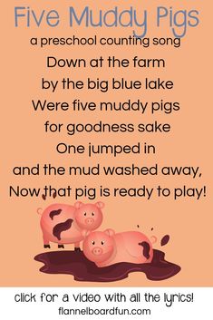 three pigs in mud with the words five muddy pigs written on it and an image of two