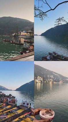 four different shots of boats docked in the water and mountains behind them, with people standing on the dock