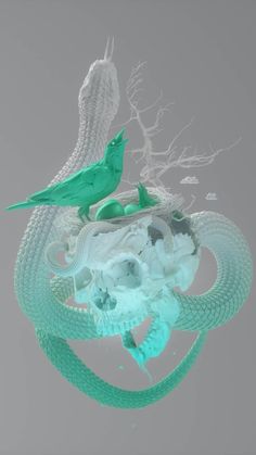 two green birds sitting on top of a piece of art that is floating in the air