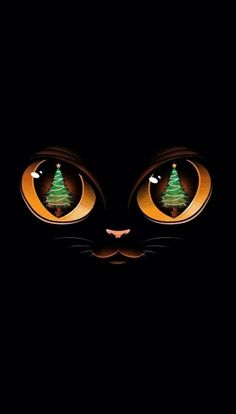 a cat's face with glowing eyes and a christmas tree in the center, on a black background