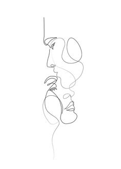 a line drawing of two people's faces facing each other and one is looking up