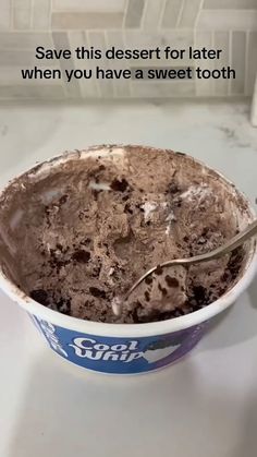 an ice cream bowl filled with dirt and chocolate chips on the side, text reads save this desert for later when you have a sweet centre toothbrush