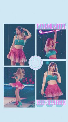 a collage of photos showing the different outfits on taylor's concert stage, including pink and green