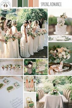 a collage of photos with flowers and greenery, including the bride's wedding cake