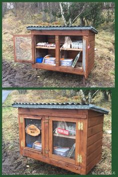 two pictures of an outdoor chicken coop in the woods