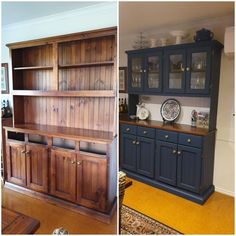 two pictures side by side, one in blue and the other in brown with wood paneling