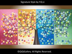 three paintings with different colors and shapes of buttons on them, each depicting a tree