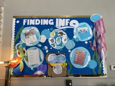 a bulletin board is displayed with information about finding in the water and other things on it