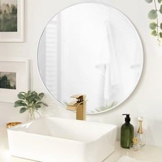 a bathroom sink with a mirror above it and plants in the corner next to it