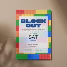 a block out birthday party card with legos on it and the words, block out