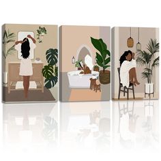 three paintings of woman in bathroom with plants